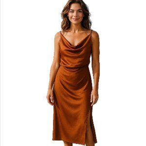 Missguided Plus Sz 14 Brown Satin Cocktail Dress Midi Backless Strappy Cowl Neck